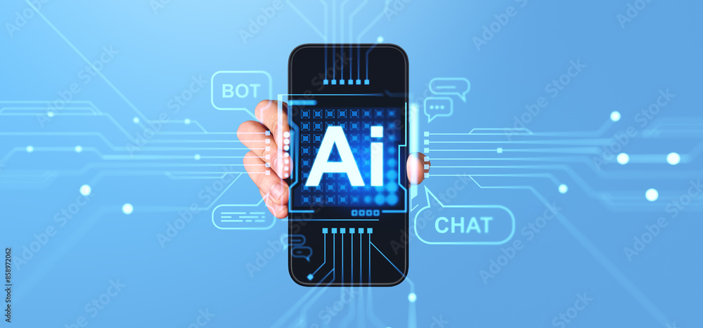Poster man hand with phone, ai hologram with chat icons and circuit connection