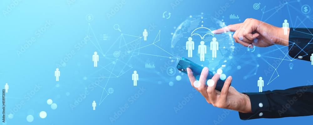 Poster hands using a smartphone with a digital network of people icons in the foreground on a light blue ba