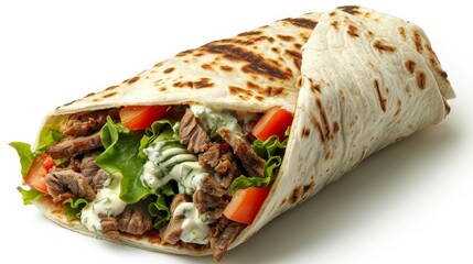 Front-view of a doner kebab wrap topped with ranch dressing, isolated on a white background, editing enhanced to make the ingredients pop