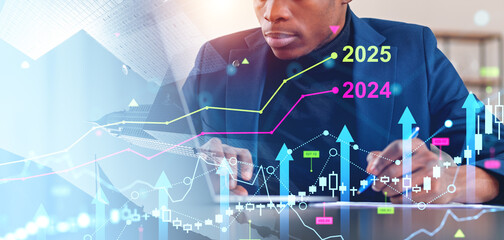 African man with laptop, graph lines, forex candlesticks with 2024 and 2025