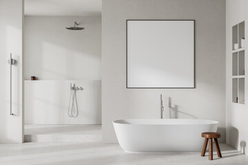 Hotel bathroom interior with bathtub, shower and built in shelf. Mockup frame