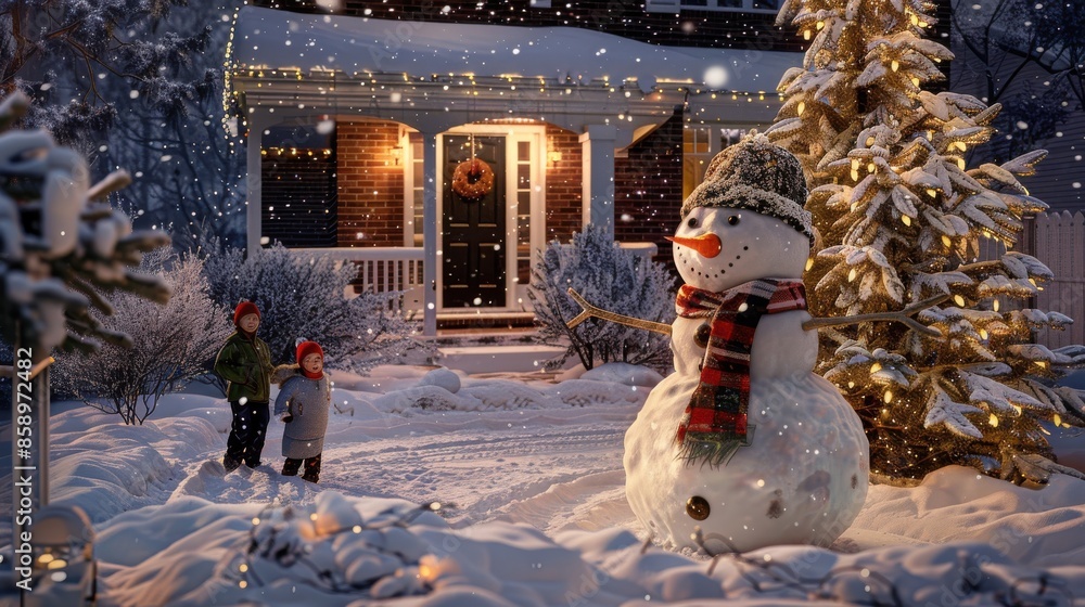 Poster a snowman with a red and black scarf stands next to a decorated christmas tree in a snowy front yard