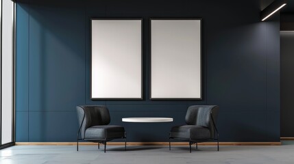 3D render of living Interior room mockup blank poster.