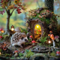 Obraz premium A hedgehog is walking through a forest with a small house and mushrooms
