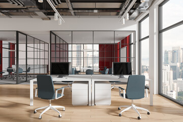 Modern business interior with coworking and glass conference room, window