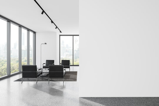 Modern office waiting room with black chairs and a cityscape view, on a spacious white wall background. Reception area concept.  3D Rendering