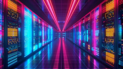 Obraz premium Data center interior, illuminated server racks with colorful LED lights, sharp details, and a futuristic digital cyberspace feel