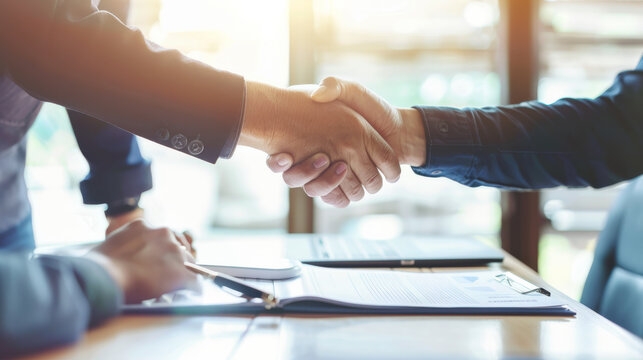 Two People Shake Hands Over A Document In A Sunlit Office, Symbolizing Agreement, Partnership, And Professional Cooperation.