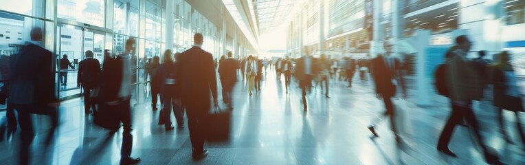 A blurry image capturing the movement of business professionals walking through a modern convention center. The image is taken from a low angle, looking towards the end of a long corridor, with a brig