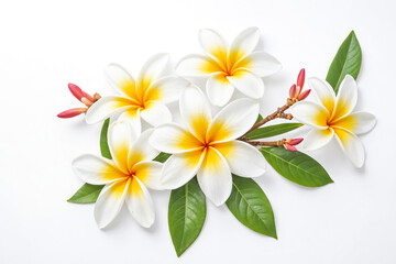 Fototapeta premium White Frangipani Flowers and Green Leaves on a White Background