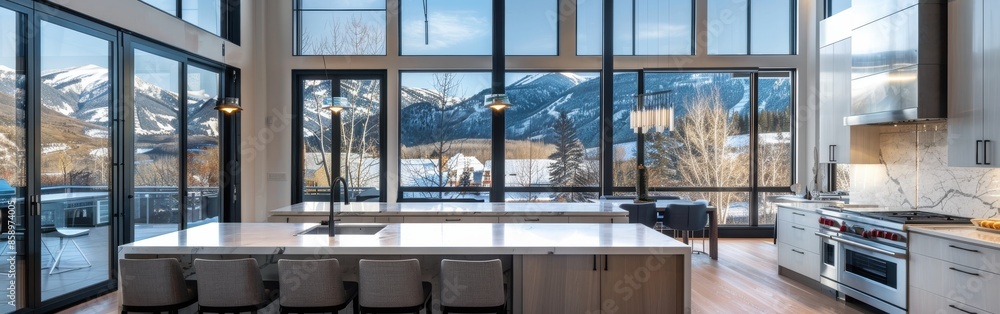 Poster this image shows a modern kitchen with a large island and a stunning view of a snow-capped mountain 