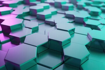 Abstract Background, a complex 3D lattice of hexagonal prisms with gradient combinations from teal to purple