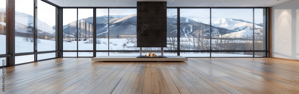 Poster this is a photo of the interior of a modern home. the home has large windows that offer a view of sn
