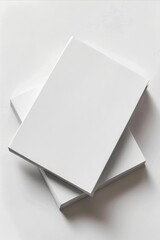 Two white blank notebooks on a white surface.