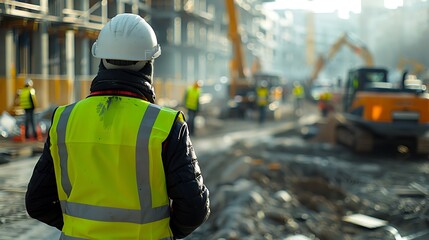 photo of construction worker wearing yellow vest and white helmet, standing on site with heavy machinery in background, bright daylight, shallow depth of field, shot from behind the person's back,