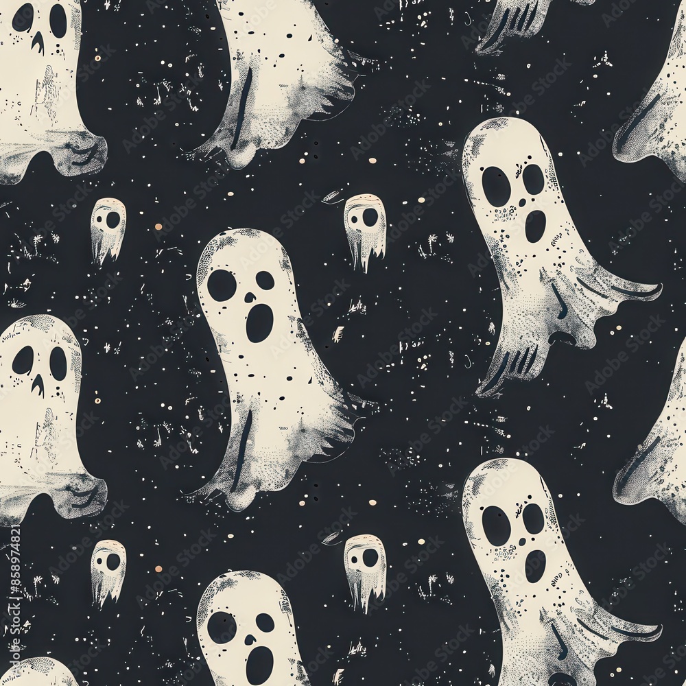 Poster a seamless pattern of white ghosts with black eyes and open mouths, floating on a dark background wi