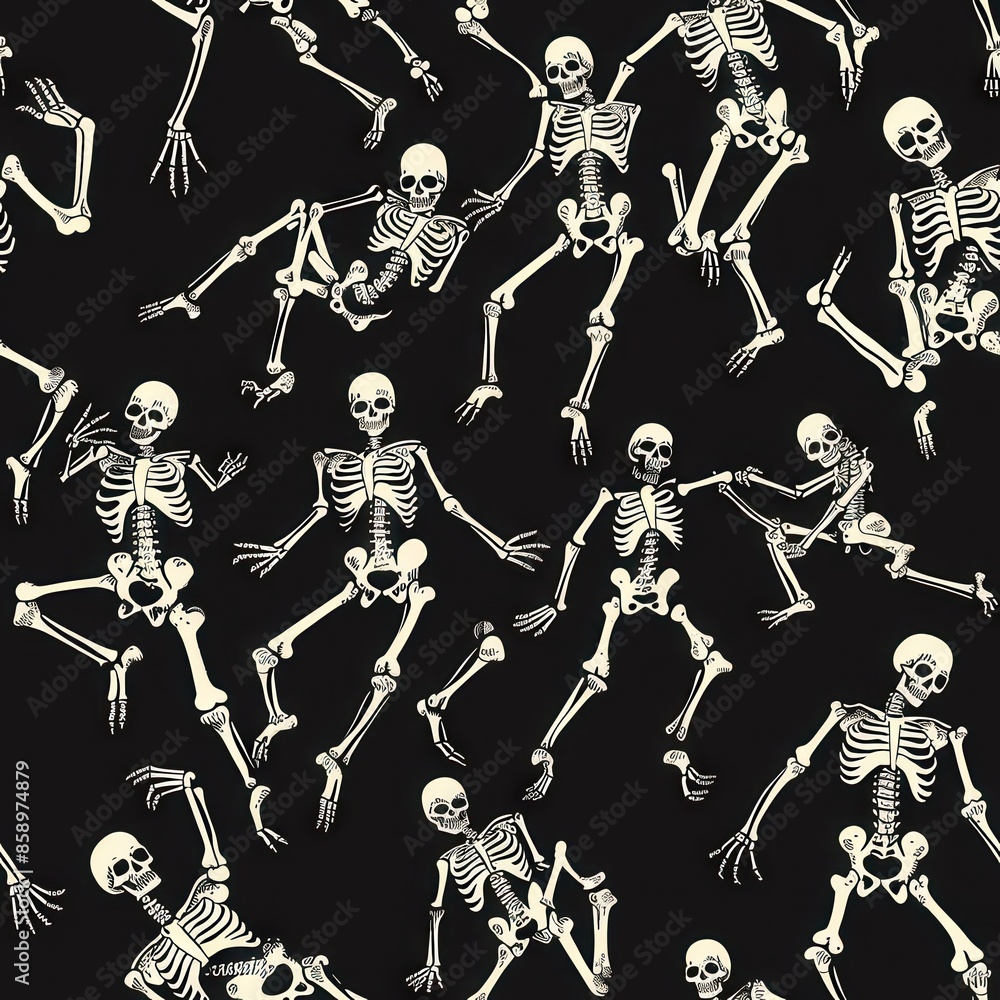 Poster a black and white illustration depicting a seamless pattern of various dancing skeletons on a black 