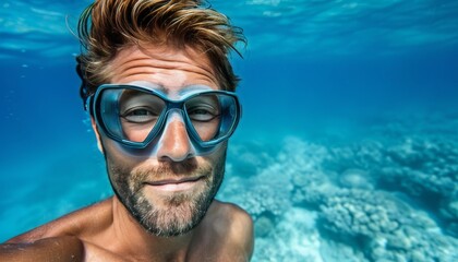 Fototapeta premium Intimate close up of a freediver descending gracefully into the depths of the ocean