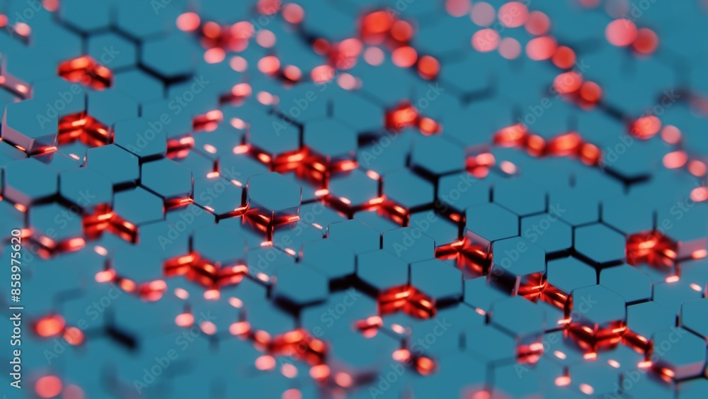 Poster futuristic 3d render of glowing hexagonal pattern - neon blue and red geometric design