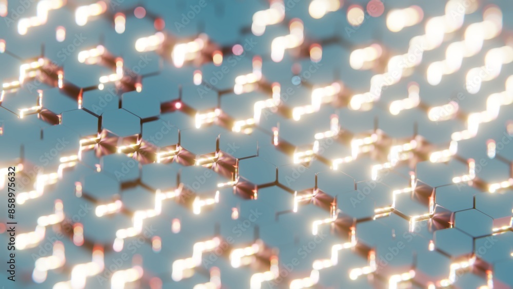 Poster Futuristic 3D Render of Glowing Hexagonal Pattern - Neon Blue and Red Geometric Design