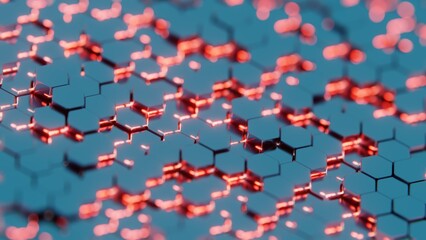 Futuristic 3D Render of Glowing Hexagonal Pattern - Neon Blue and Red Geometric Design