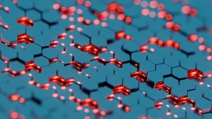 Futuristic 3D Render of Glowing Hexagonal Pattern - Neon Blue and Red Geometric Design