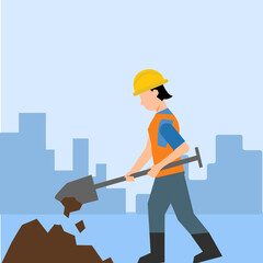 Worker with a shovel on construction site. Flat style vector illustration.