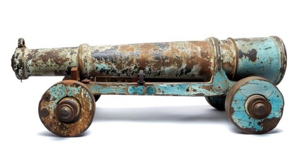Ancient cannon on wheels with cannonballs isolated on white background with clipping path