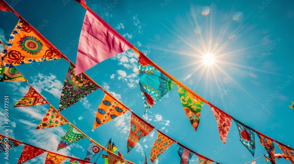 Poster a closeup of bunting flags with intricate patterns fluttering in the air.