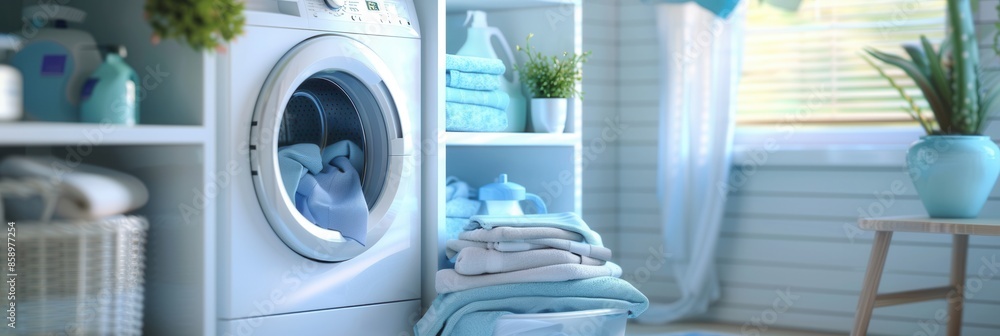 Poster a white washing machine with a partially open door reveals clean laundry inside. neatly folded clean