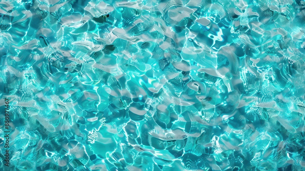 Poster An abstract photograph of blue and turquoise water ripples. The image is a close-up view of the water, showing the texture and movement of the ripples. The background is a soft blur of blue and white.