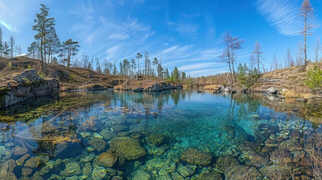 Geography, potamology. Middle Siberia (south part). Panorama of crystal clear water copious river and taiga forests, Typical coniform hill oreography. Absence of people and virginal natural area.