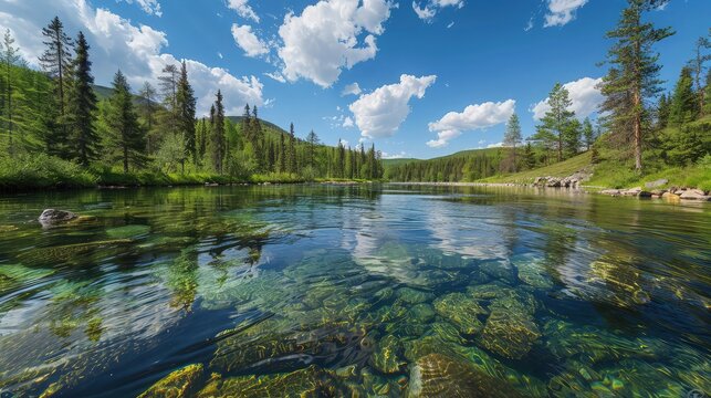 Geography, potamology. Middle Siberia (south part). Panorama of crystal clear water copious river and taiga forests, Typical coniform hill oreography. Absence of people and virginal natural area.