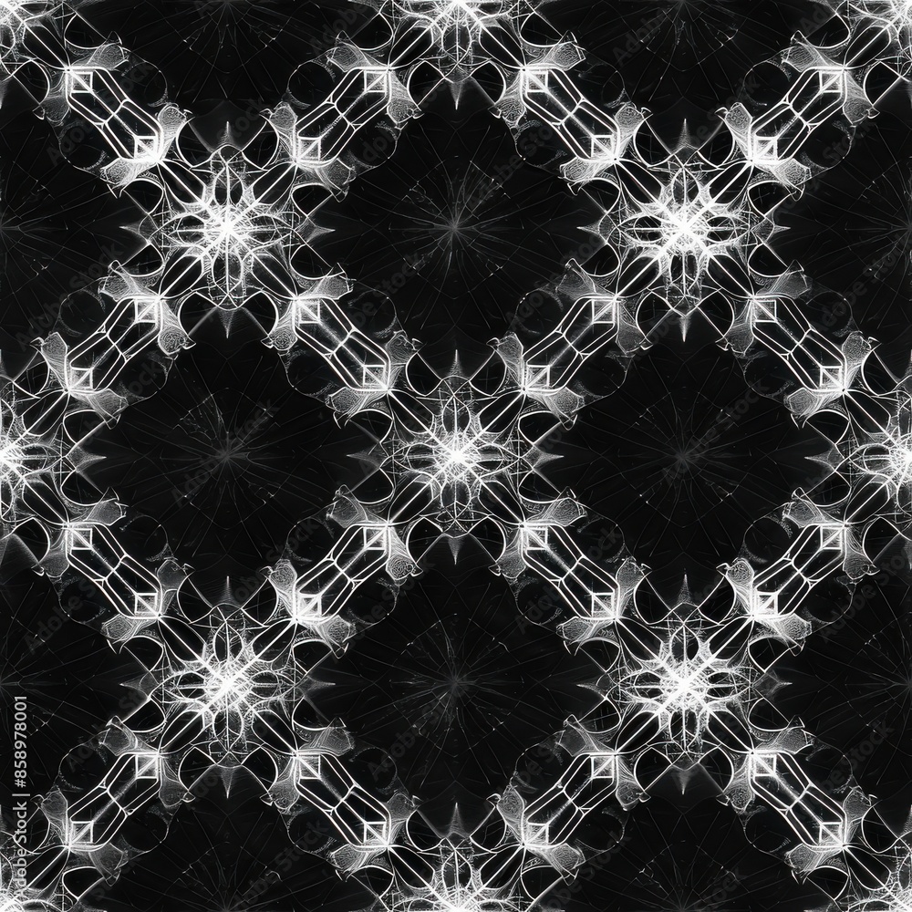 Poster This image is a close-up of a repeating geometric pattern in black and white. The pattern is made up of intricate, overlapping shapes that create a sense of depth and complexity. The image could be us