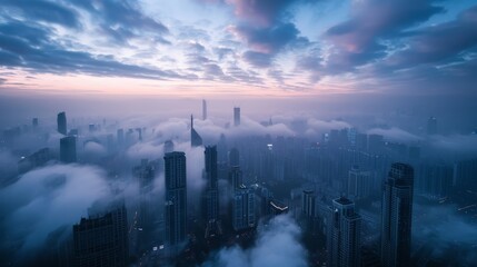 Obraz premium Cityscape in ruins, misty clouds enveloping the last moments of daylight, as darkness encroaches, emphasizing a sense of abandonment