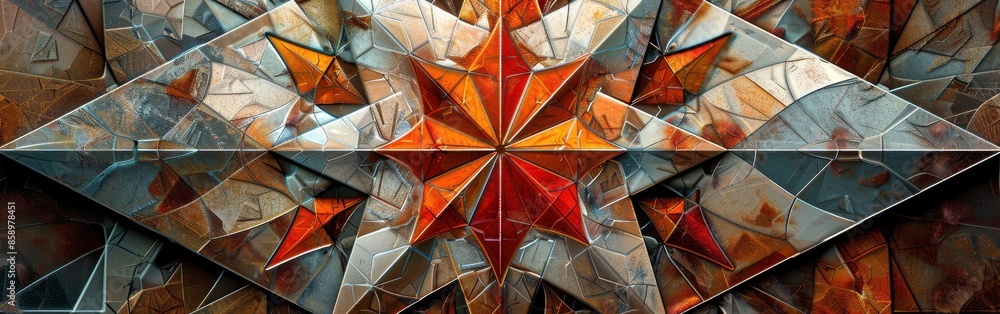 Poster A close-up image of an abstract geometric artwork depicting a starburst pattern with a red, orange, and silver color scheme. The artwork has a metallic, shiny finish, giving the appearance of a mosaic