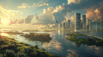 Fototapeta premium Clean energy cityscape, merging urban landscapes with solar and wind energy solutions, visualizing a sustainable future