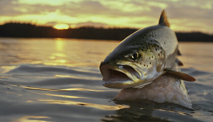 A trout out of the water with a sunset in the background