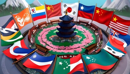 Obraz premium Vibrant 3D Scene of Asian Flags Celebrating Cultural Richness