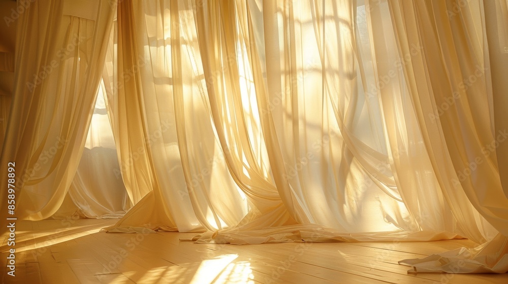 Poster a diaphanous gauzy fabric hangs from the ceiling creating a dreamy and ethereal canopy.