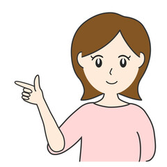 ポイントを指差して笑顔で説明する女性の線画イラスト