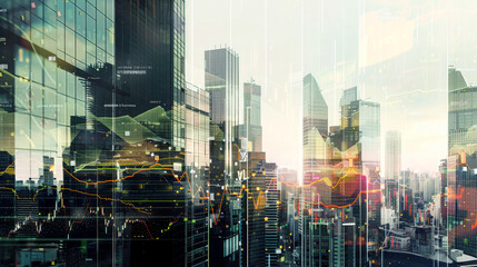 A digital representation of a modern city with skyscrapers and financial data visuals overlapped, reflecting the integration of technology and urban living.