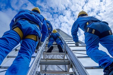 Construction Workers Assembling Scaffolding at Height, assembling scaffolding at considerable height