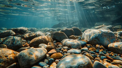 This image shows a close-up view of the bottom of a shallow river, with smooth rocks and pebbles covered in water. The sunlight shines through the water, creating a beautiful underwater scene. The ima