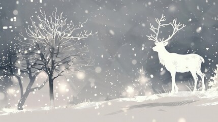 hand drawn of silhouette white reindeer and tree over blurred gray color winter with snowfall frozen background concept:xmas backdrop season.