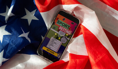 Mobile Esports - Web icon for games, websites and social media. Red and blue screen smartphone on usa flag background. illustration.