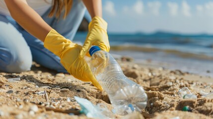 Volunteer collects plastic waste on the beach, clean up seashore, eco and Environment