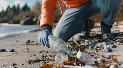 Obraz premium Volunteer collects plastic waste on the beach, clean up seashore, eco and Environment