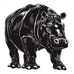 Fototapeta premium A black and white drawing of a hippopotamus on a white background