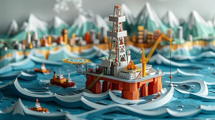 Artistic paper craft representation of an oil drilling platform situated in the ocean, with detailed rigs, cranes, and support vessels, framed by a distant shoreline cityscape bustling with activity.